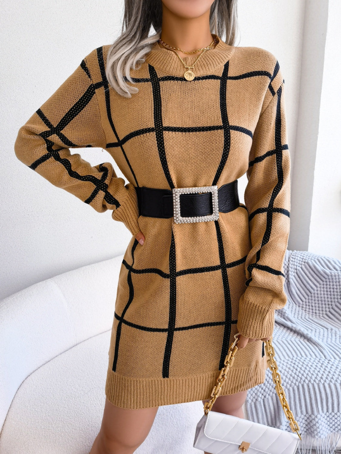 Plaid Round Neck Dropped Shoulder Sweater Dress Khaki for a perfect OOTD – dress to impress outfits from Amexza