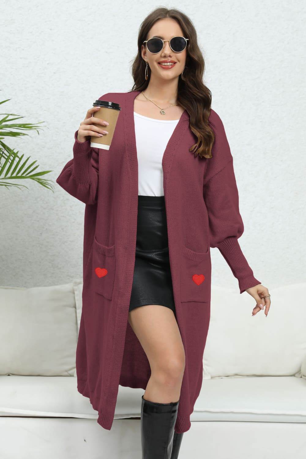 Lantern Sleeve Open Front Pocketed Cardigan Burgundy One Size for a perfect OOTD – dress to impress outfits from Amexza