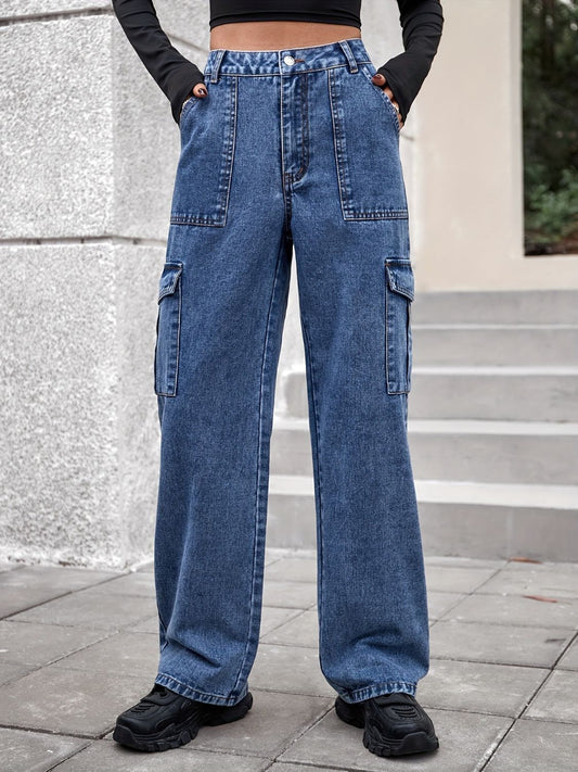 High Rise Straight Jeans with Cargo Pockets - Medium / XS