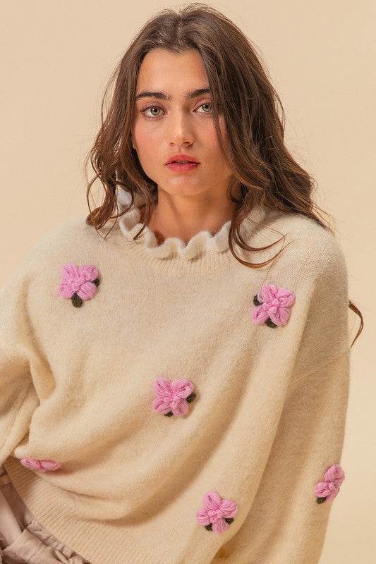 BiBi Ruffled Crochet Flower Dropped Shoulder Sweater - Amexza