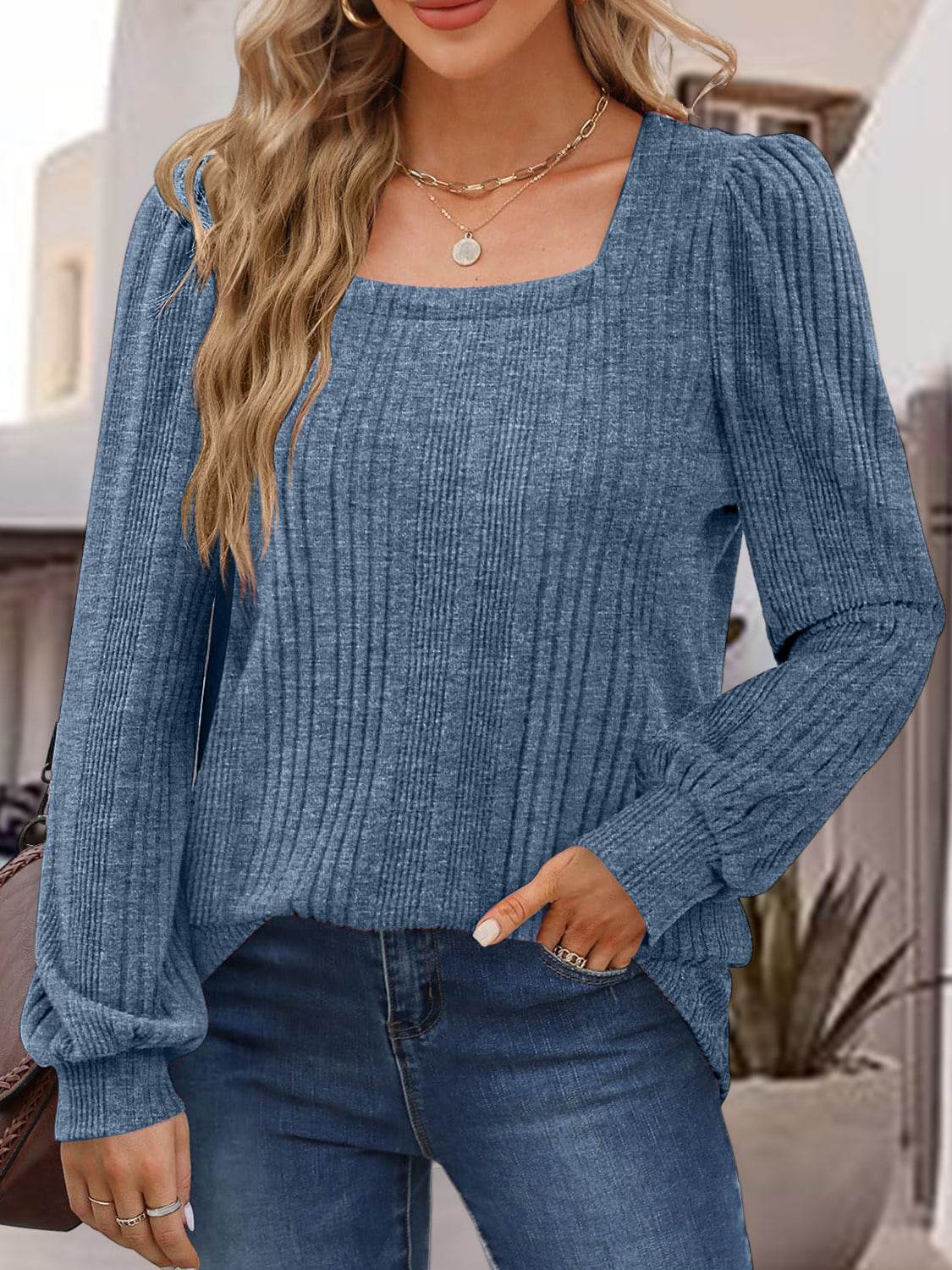 Square Neck Long Sleeve Top Dusty Blue for a perfect OOTD – dress to impress outfits from Amexza