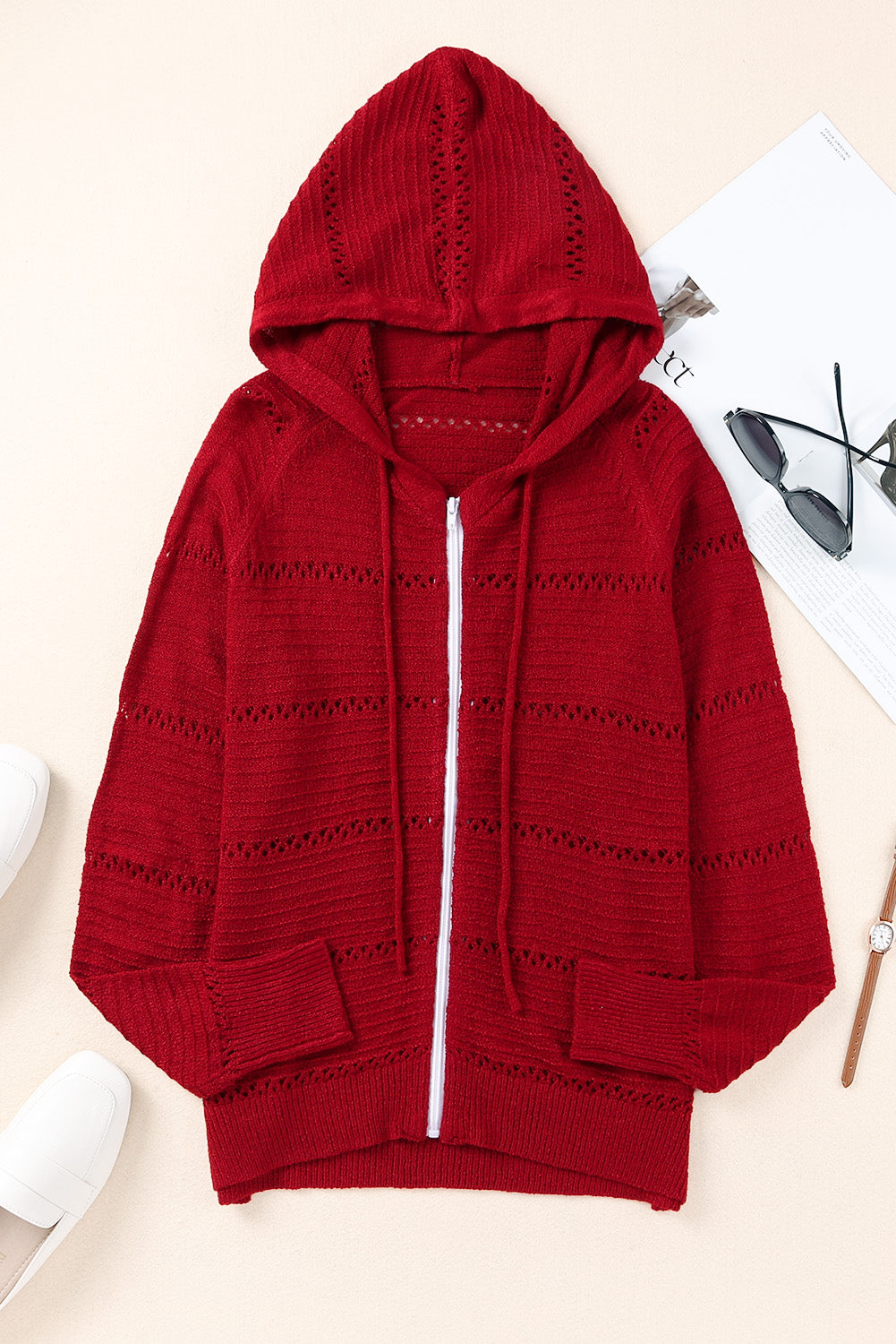 Zip-Up Raglan Sleeve Openwork Hooded Cardigan Deep Red for a perfect OOTD – dress to impress outfits from Amexza