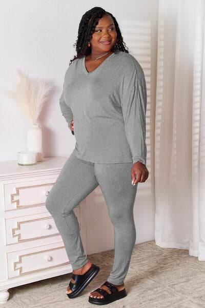 Basic Bae Bamboo Full Size V-Neck Long Sleeve Top and Pants Lounge Set for a perfect OOTD – dress to impress outfits from Amexza