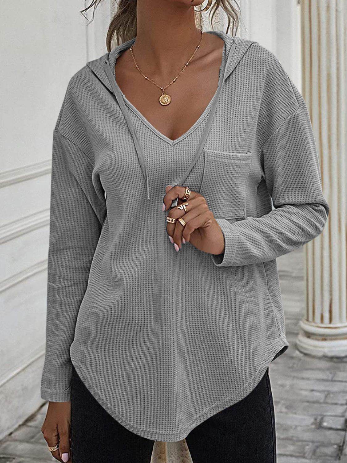 Drawstring Waffle Knit Long Sleeve Hooded Top Gray for a perfect OOTD – dress to impress outfits from Amexza