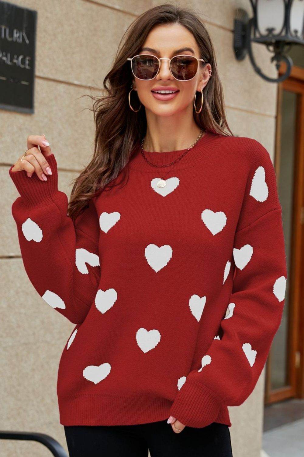 Woven Right Heart Pattern Lantern Sleeve Round Neck Tunic Sweater Red for a perfect OOTD – dress to impress outfits from Amexza