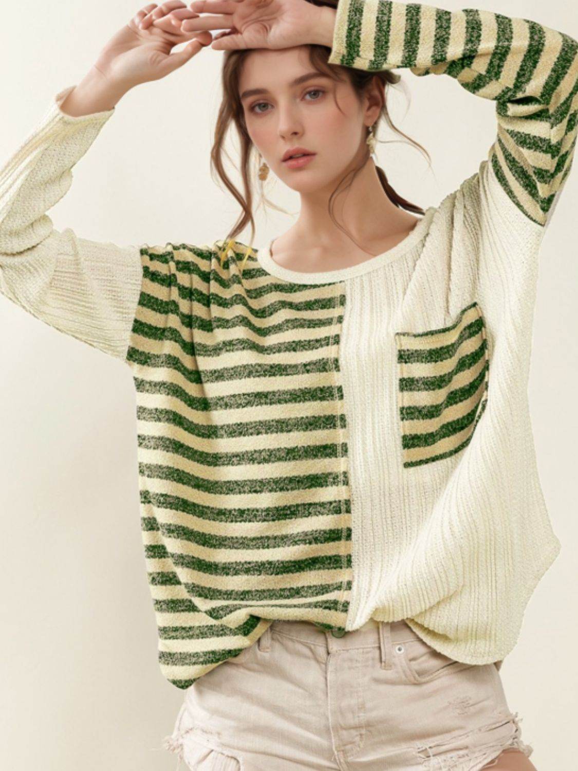 Striped Round Neck Long Sleeve Top Green for a perfect OOTD – dress to impress outfits from Amexza