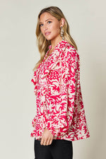 Double Take Full Size Printed Ruffle Trim Balloon Sleeve Shirt - Amexza