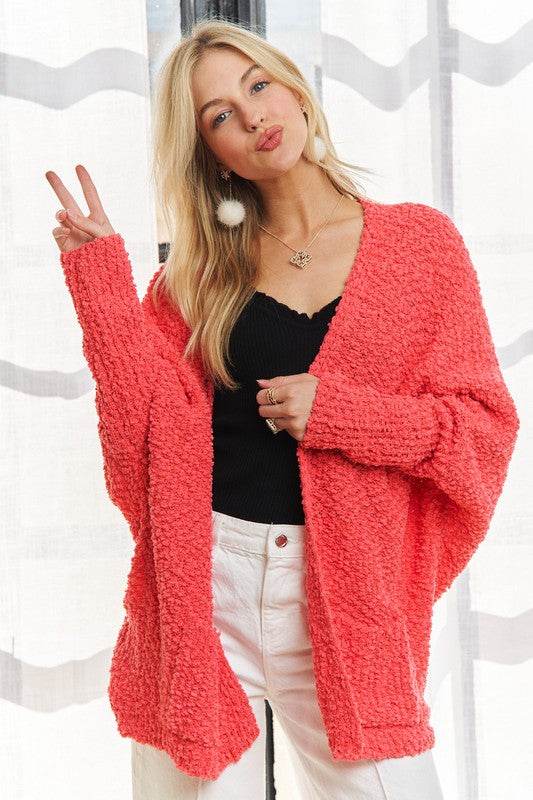 ADORA Popcorn Knit Open Front Long Sleeve Cardigan for a perfect OOTD – dress to impress outfits from Amexza