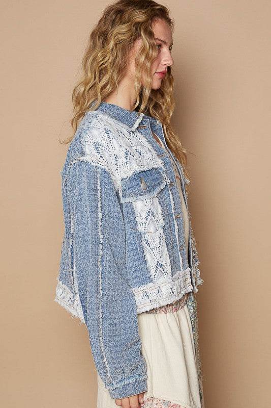 POL Crochet Patch Embroidered Button Up Jacket for a perfect OOTD – dress to impress outfits from Amexza