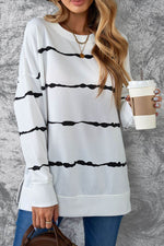 Slit Contrast Striped Round Neck Long Sleeve T-Shirt - Amexza
