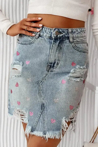 Distressed Raw Hem Heart Mini Denim Skirt Light for a perfect OOTD – dress to impress outfits from Amexza