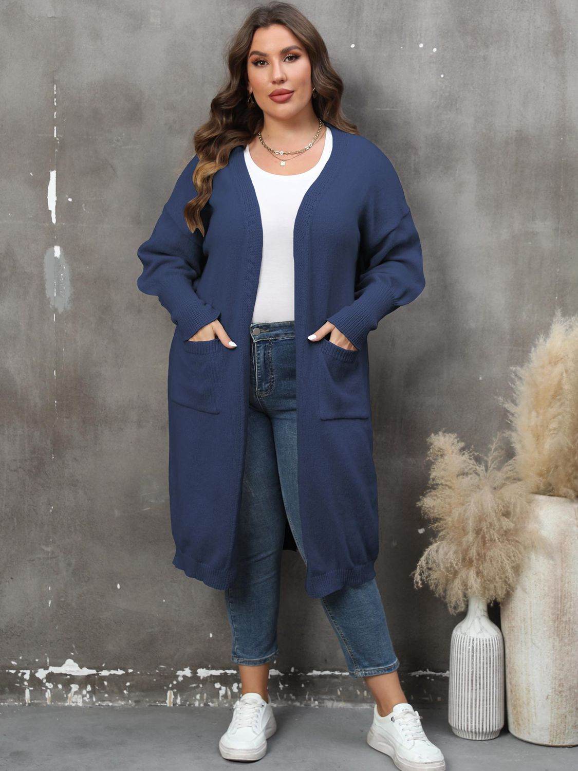 Plus Size Long Sleeve Pocketed Cardigan Dark Blue for a perfect OOTD – dress to impress outfits from Amexza