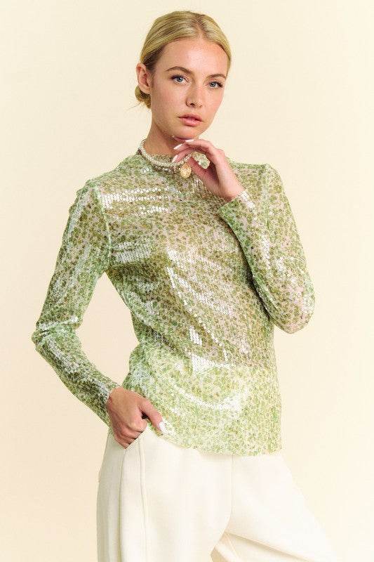 Davi & Dani Sequin Mock Neck Long Sleeve Mesh Top Sage for a perfect OOTD – dress to impress outfits from Amexza