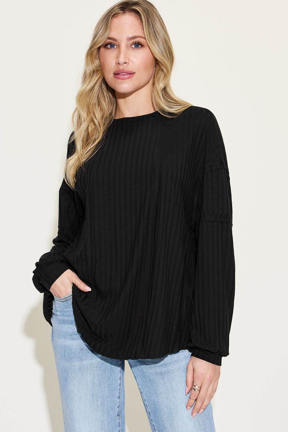 Basic Bae Full Size Ribbed Round Neck Long Sleeve T-Shirt Black for a perfect OOTD – dress to impress outfits from Amexza