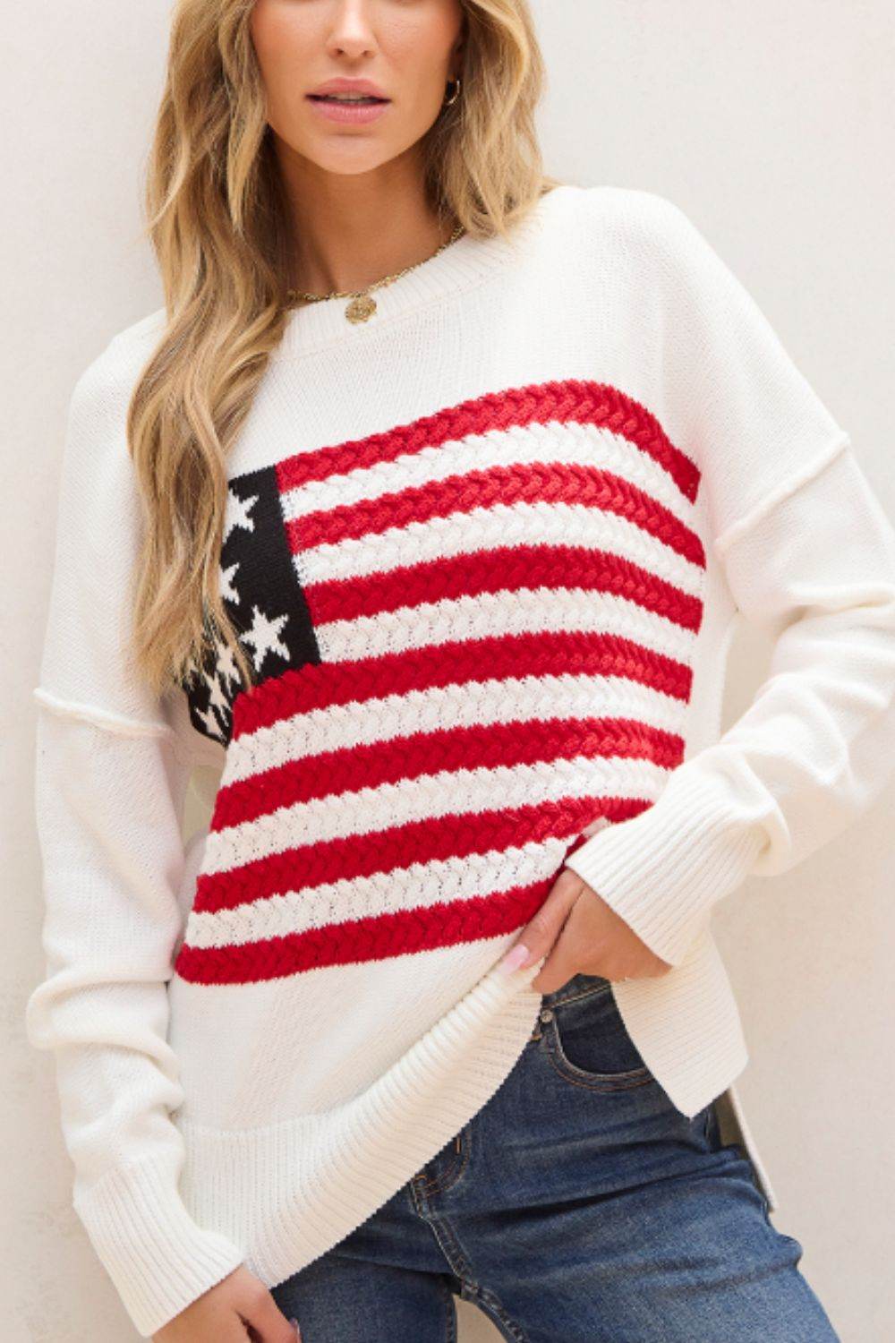 US Flag Side Slit Drop Shoulder Sweater - Amexza