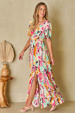Slit Printed Surplice Short Sleeve Maxi Dress - Amexza
