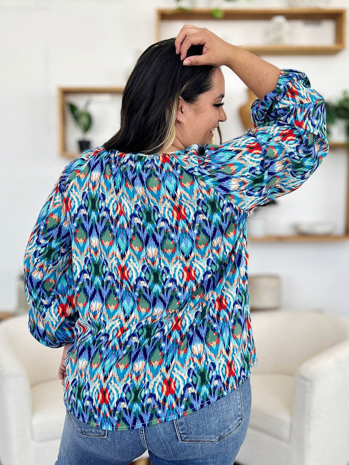 Double Take Full Size Printed Balloon Sleeve Blouse for a perfect OOTD – dress to impress outfits from Amexza