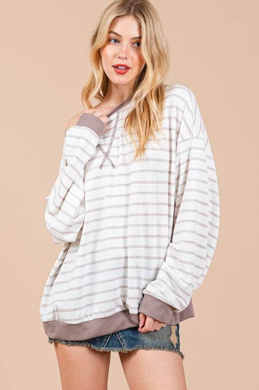 Ces Femme Striped Round Neck Drop Shoulder Sweatshirt - Amexza