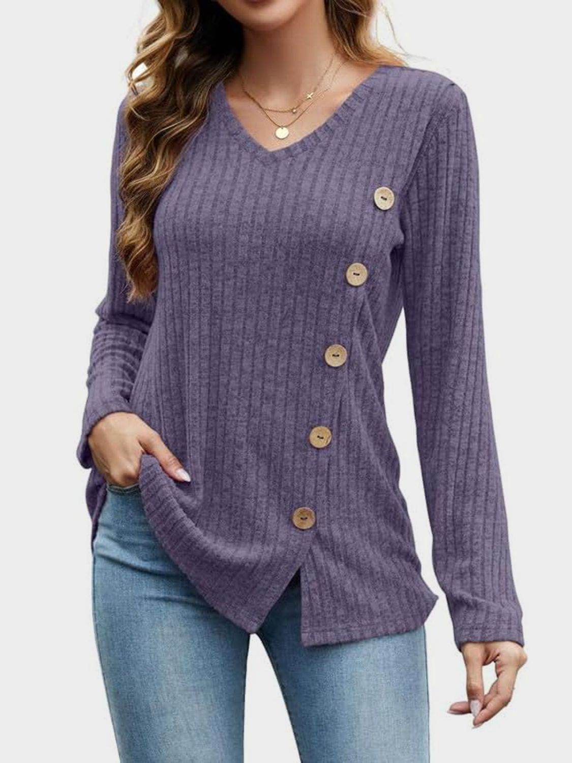 V-Neck Long Sleeve T-Shirt Mauve for a perfect OOTD – dress to impress outfits from Amexza