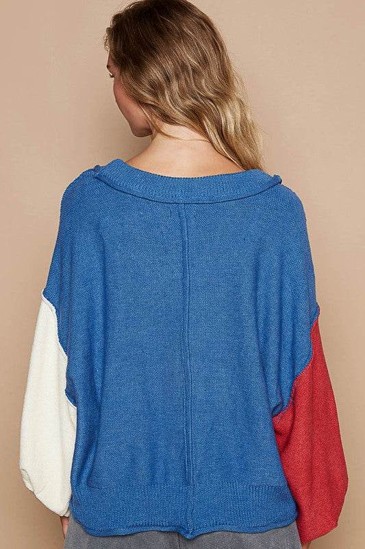 POL Exposed Seam Contrast V-Neck Lantern Sleeve Sweater for a perfect OOTD – dress to impress outfits from Amexza