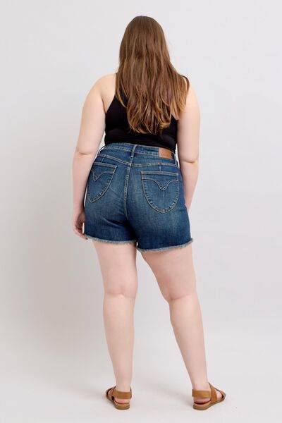 Judy Blue Tummy Control Fray Hem & Shield Back Pockets Denim Shorts for a perfect OOTD – dress to impress outfits from Amexza