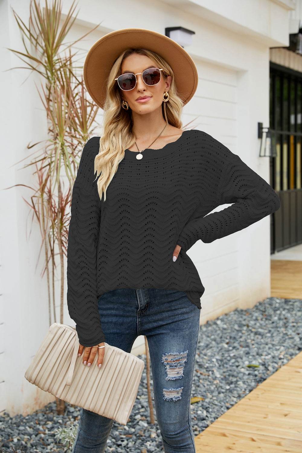 Woven Right Scalloped Boat Neck Openwork Tunic Sweater Black for a perfect OOTD – dress to impress outfits from Amexza