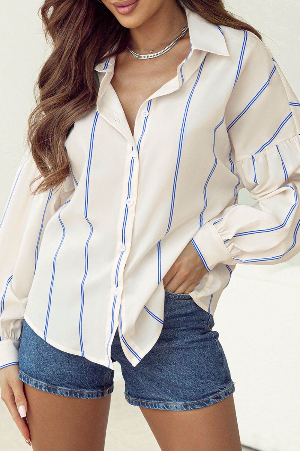 Stripe Drop Shoulder Long Sleeve Shirt White for a perfect OOTD – dress to impress outfits from Amexza