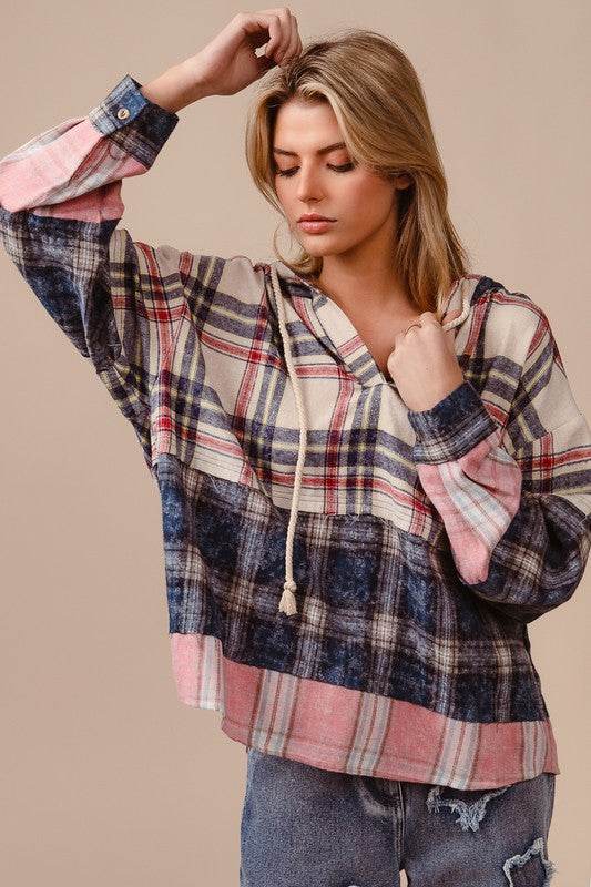 BiBi Drawstring Plaid Drop Shoulder Hoodie for a perfect OOTD – dress to impress outfits from Amexza