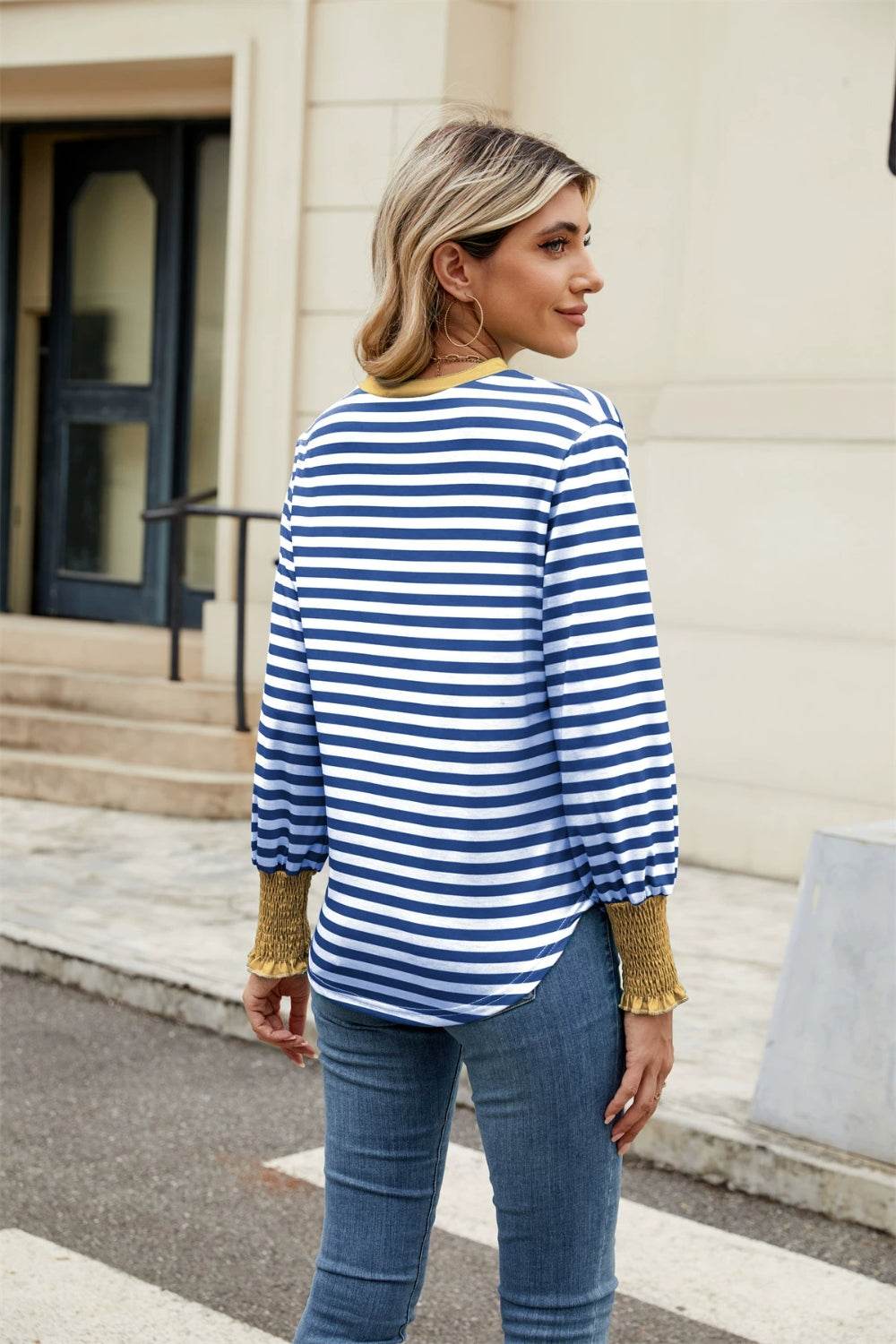 Contrast Striped Notched Long Sleeve Top for a perfect OOTD – dress to impress outfits from Amexza