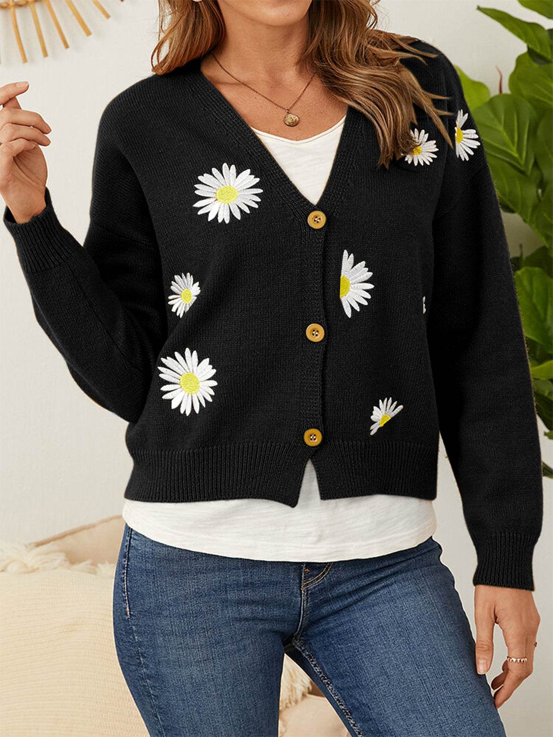 Flower Button Front Dropped Shoulder Cardigan Black for a perfect OOTD – dress to impress outfits from Amexza