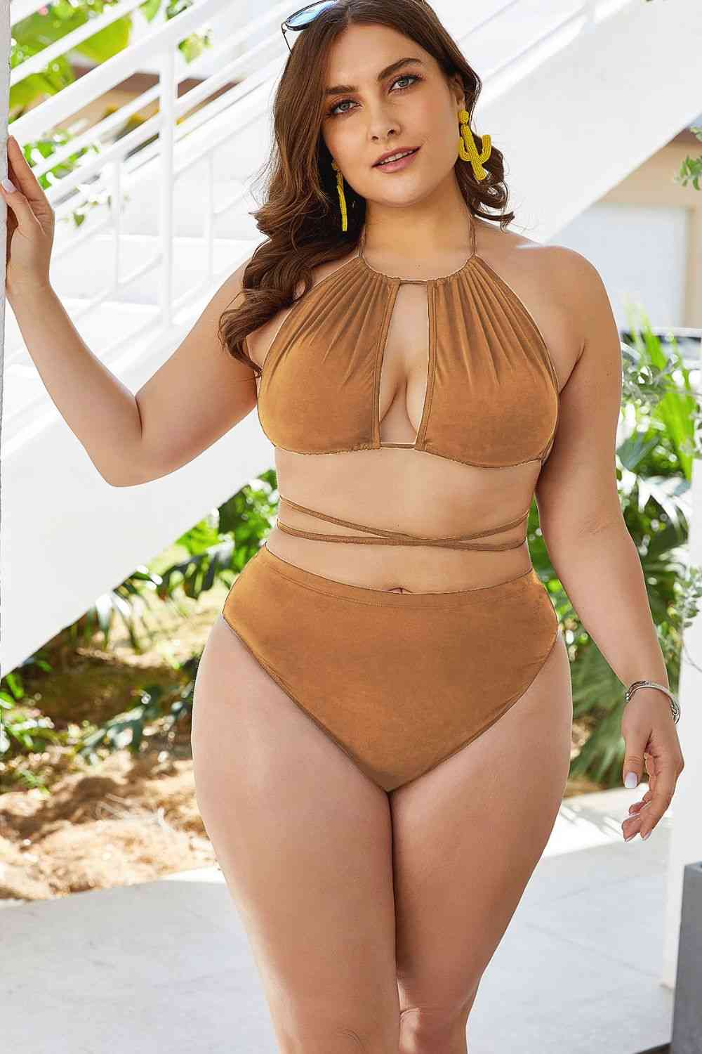 Plus Size Cutout Tied Backless Bikini Set Yellow for a perfect OOTD – dress to impress outfits from Amexza