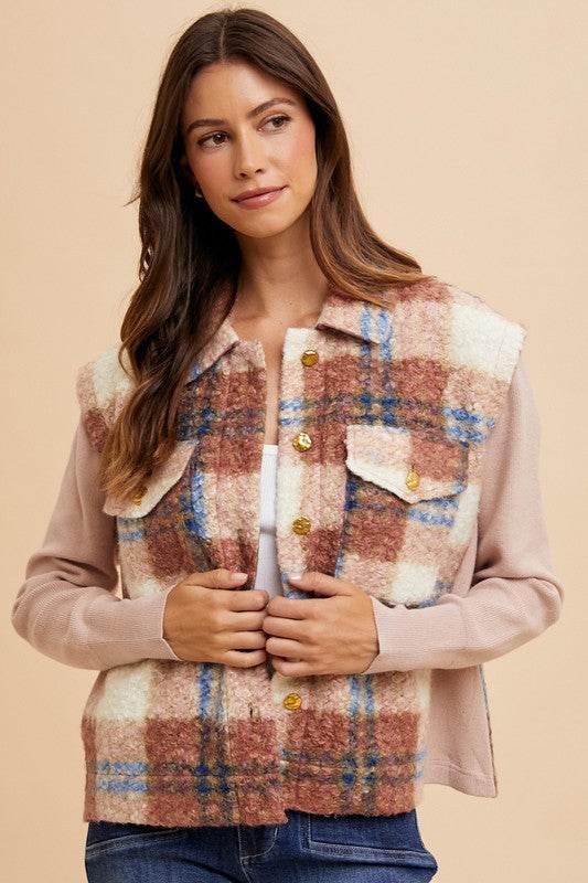 Annie Wear Faux Fur Plaid Button Up Jacket - Amexza