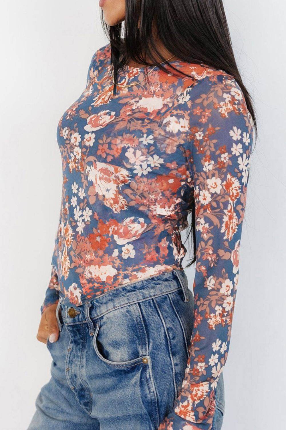 Floral Round Neck Long Sleeve T-Shirt - Amexza