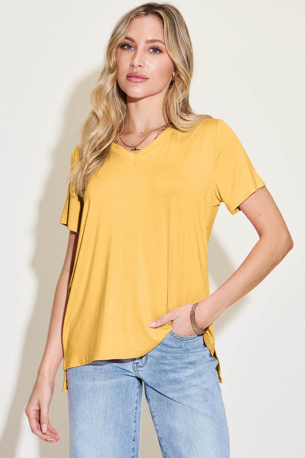 Basic Bae Bamboo Full Size V-Neck High-Low T-Shirt Yellow for a perfect OOTD – dress to impress outfits from Amexza