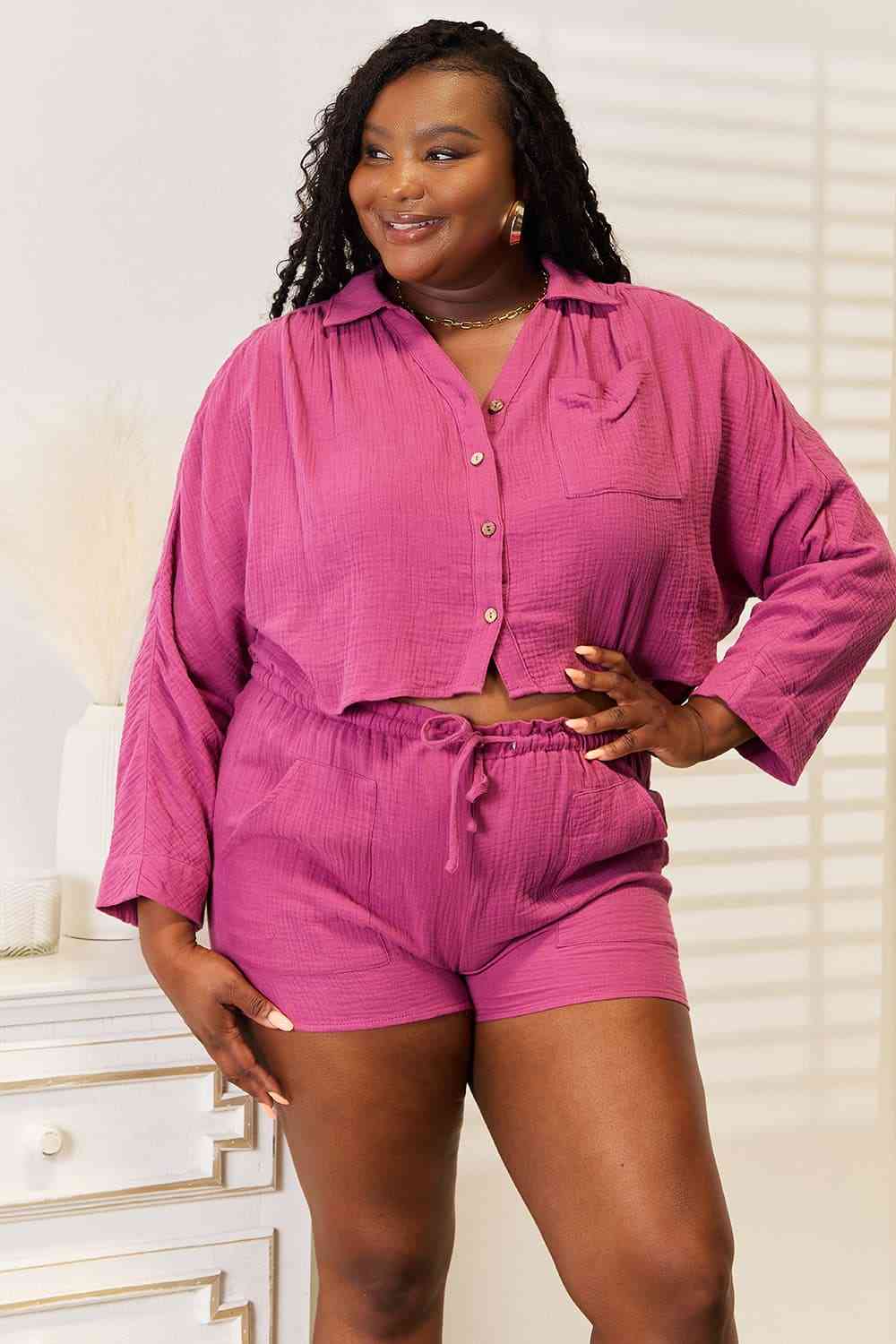 Basic Bae Buttoned Long Sleeve Top and Shorts Set for a perfect OOTD – dress to impress outfits from Amexza