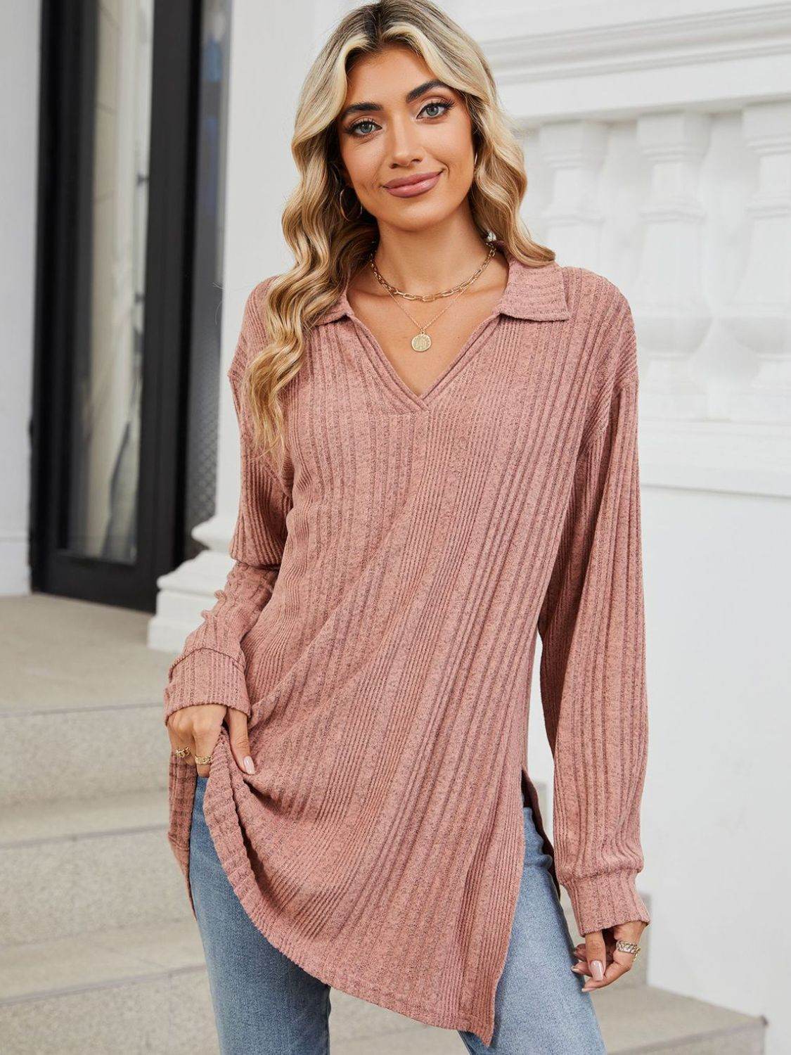 Slit Johnny Collar Long Sleeve T-Shirt - Amexza