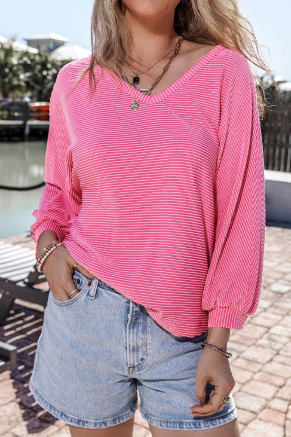 Texture V-Neck Long Sleeve Top Pink for a perfect OOTD – dress to impress outfits from Amexza