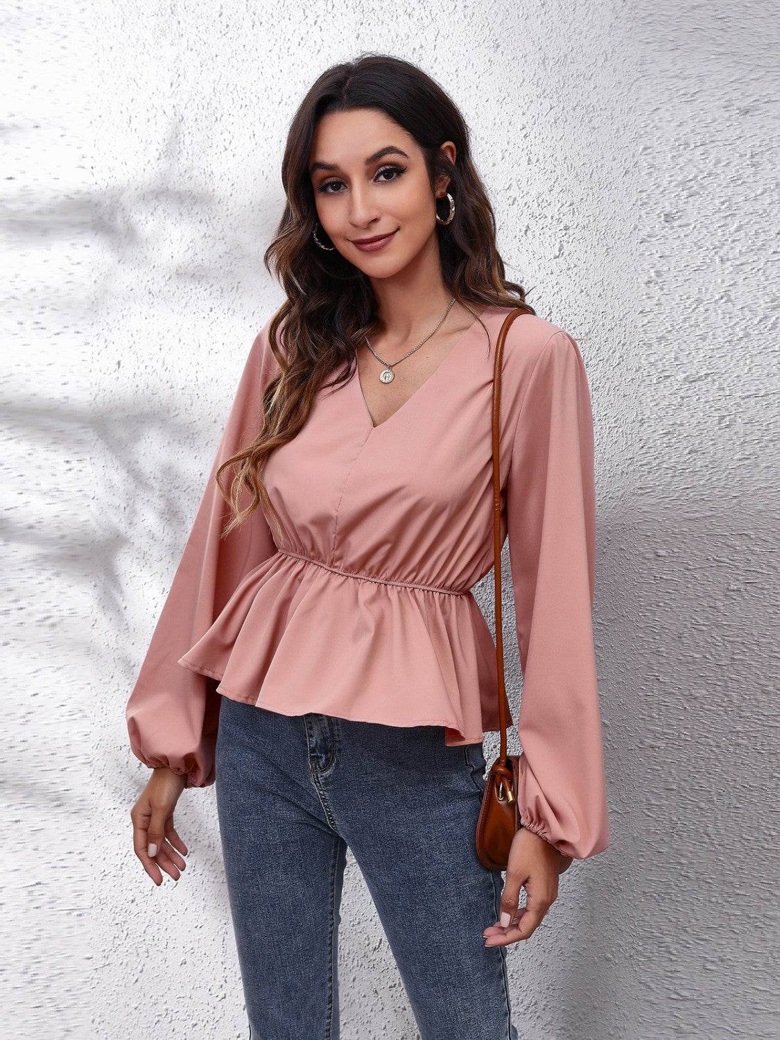 V-Neck Balloon Sleeve Peplum Blouse Dusty Pink for a perfect OOTD – dress to impress outfits from Amexza