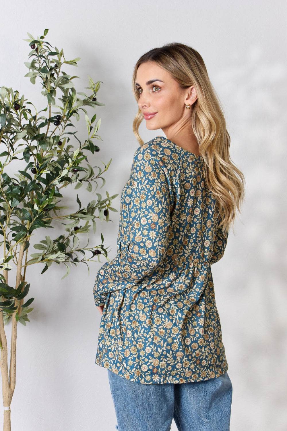 Heimish Full Size Floral Half Button Long Sleeve Blouse - Amexza