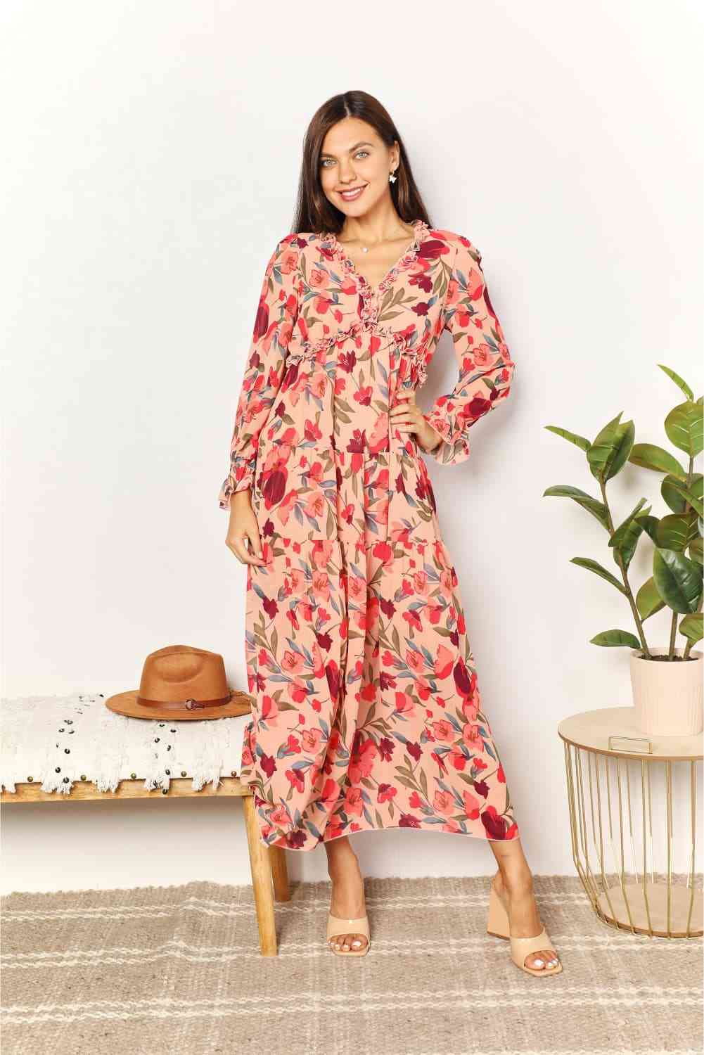 Double Take Floral Frill Trim Flounce Sleeve Plunge Maxi Dress for a perfect OOTD – dress to impress outfits from Amexza