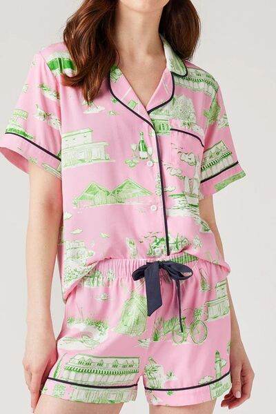 Collared Neck Printed Top and Drawstring Shorts Lounge Set for a perfect OOTD – dress to impress outfits from Amexza