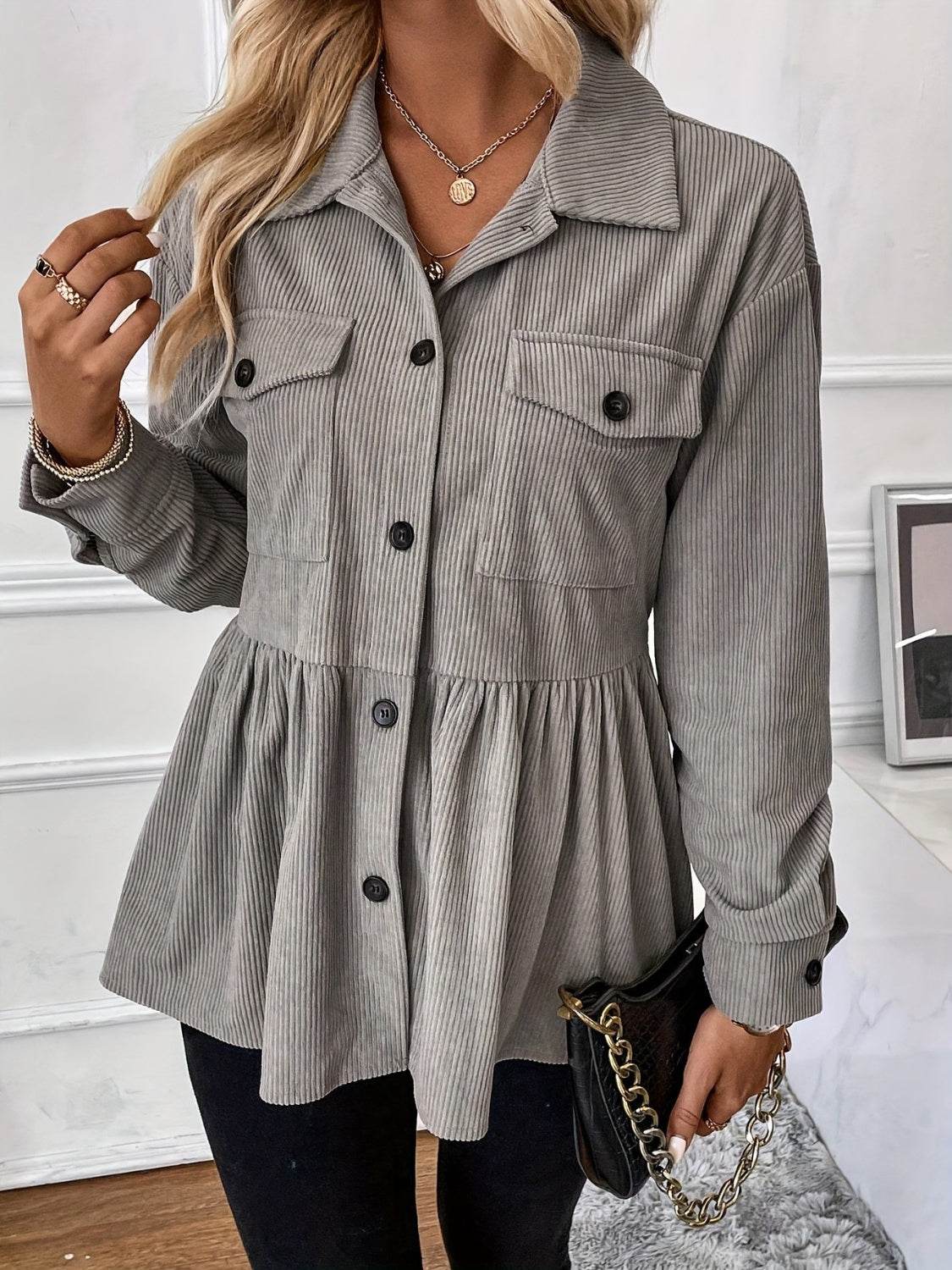 Corduroy Peplum Button Up Shacket Gray for a perfect OOTD – dress to impress outfits from Amexza