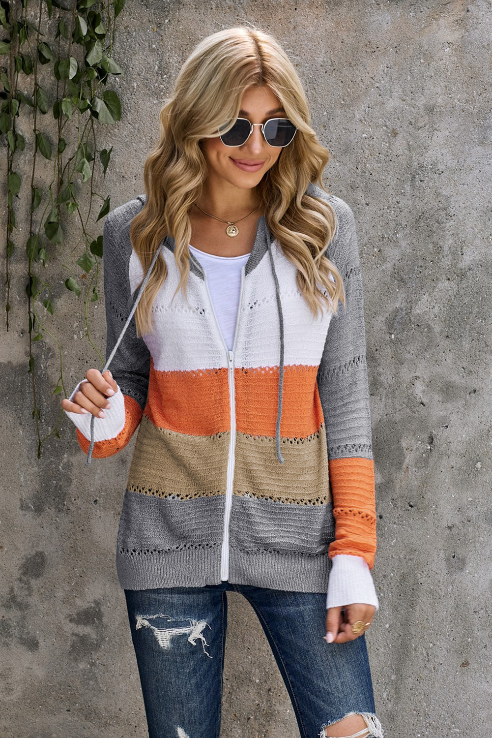 Zip-Up Raglan Sleeve Openwork Hooded Cardigan Orange Gray for a perfect OOTD – dress to impress outfits from Amexza