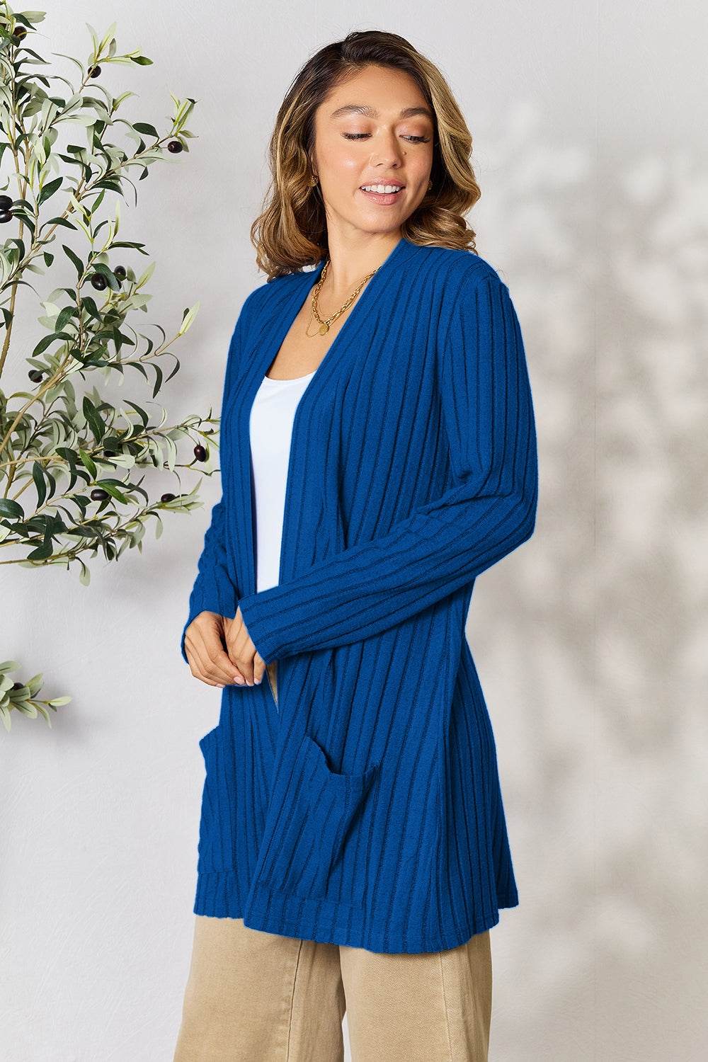 Basic Bae Full Size Ribbed Open Front Cardigan with Pockets for a perfect OOTD – dress to impress outfits from Amexza