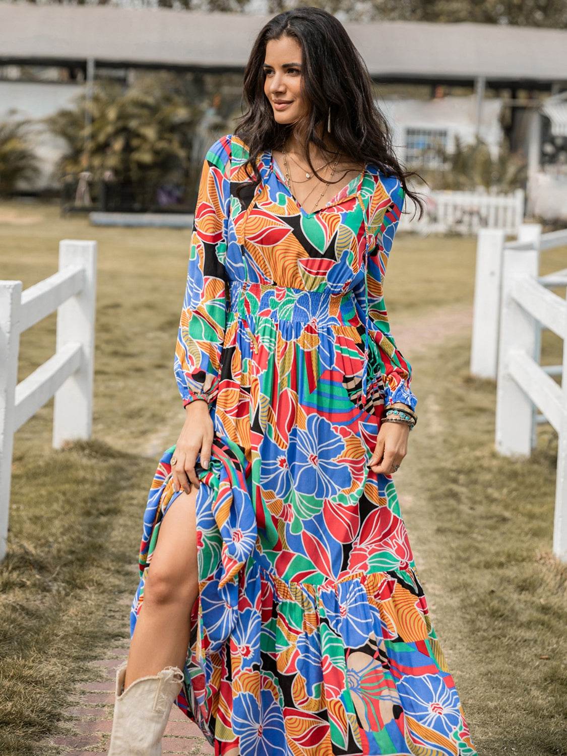 Printed Smocked Tie Neck Balloon Sleeve Maxi Dress for a perfect OOTD – dress to impress outfits from Amexza