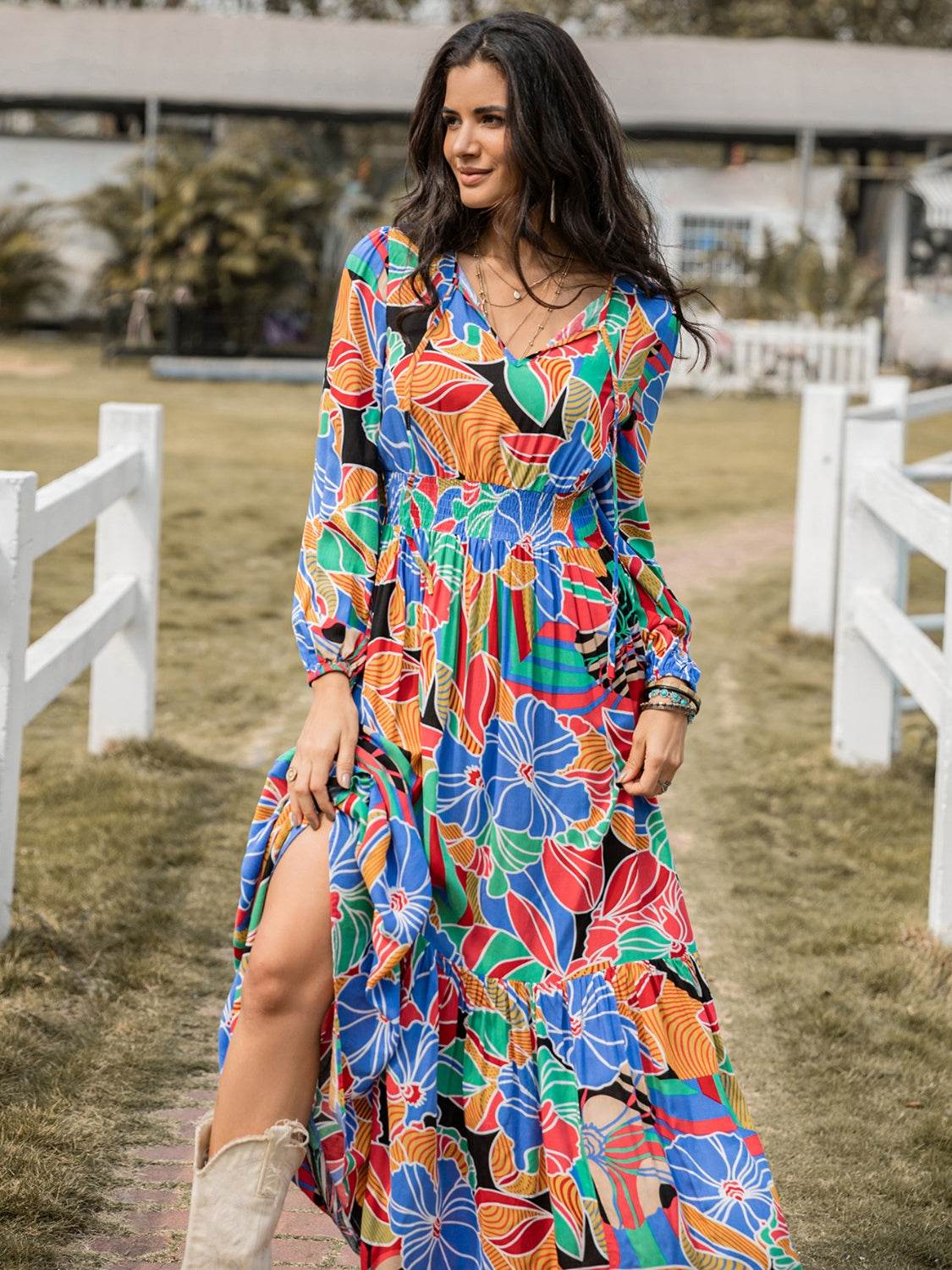 Printed Smocked Tie Neck Balloon Sleeve Maxi Dress - Amexza
