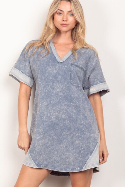 VERY J Short Sleeve V-Neck Tee Dress Denim for a perfect OOTD – dress to impress outfits from Amexza