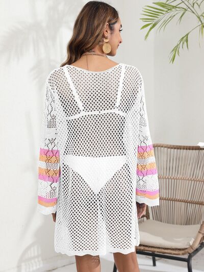 Openwork Contrast Long Sleeve Cover-Up for a perfect OOTD – dress to impress outfits from Amexza