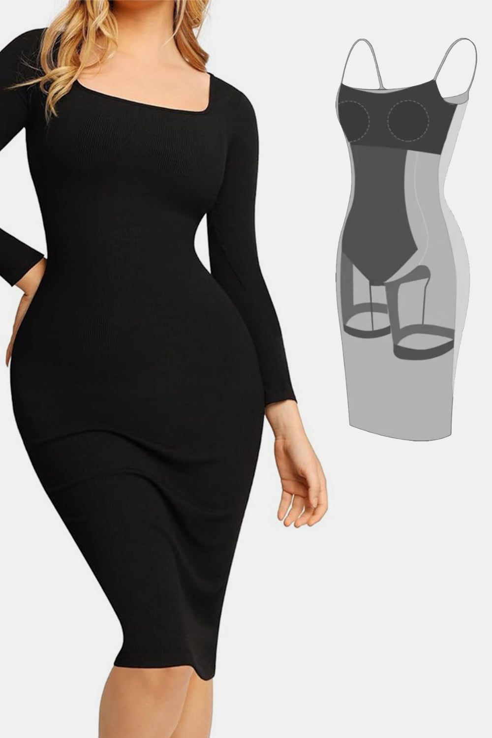 Basic Bae Full Size Built-In Shapewear Square Neck Long Sleeve Dress - Black / S