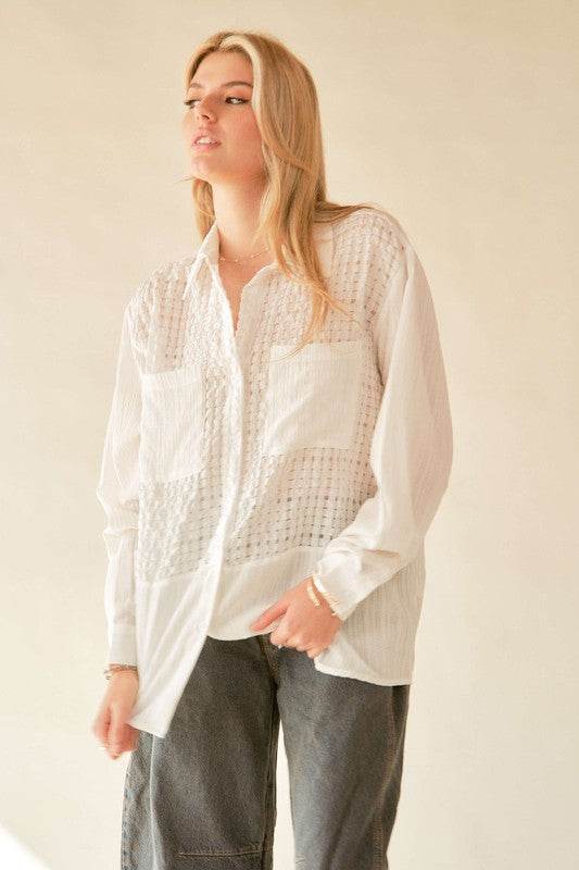 Davi & Dani Crinkled Jacquard Button Down Shirt for a perfect OOTD – dress to impress outfits from Amexza